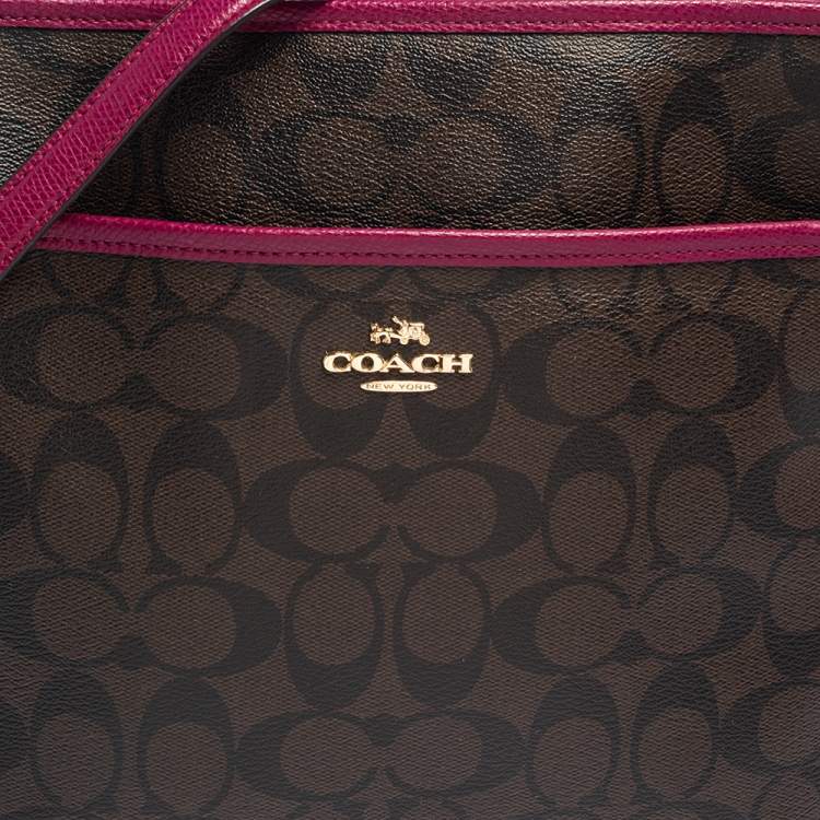Coach Fuchsia/Brown Signature Coated Canvas and Leather Crossbody Bag