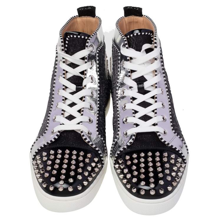 Christian Louboutin Black/Silver Leather And Woven Fabric Spikes Orlato Flat Sneakers Size 44.5