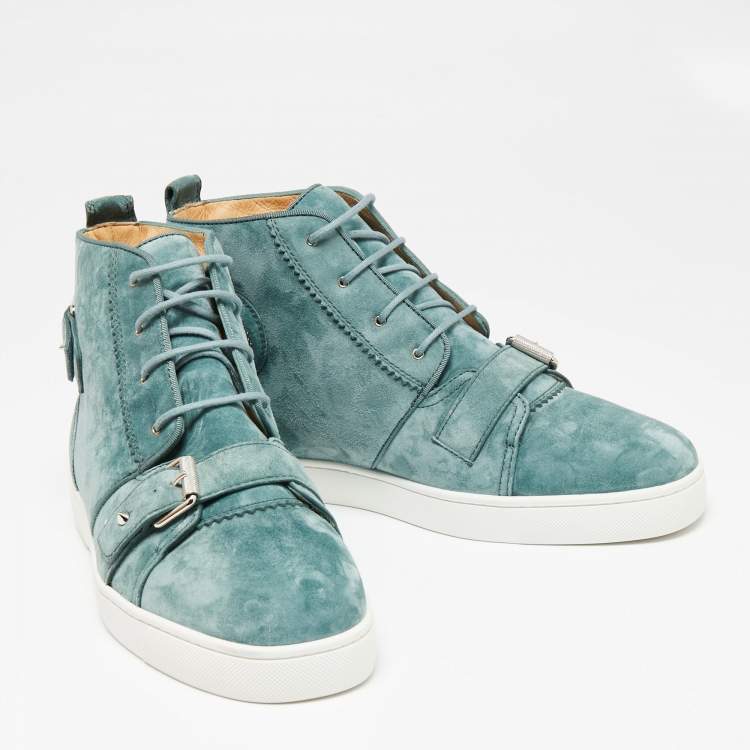 Christian Louboutin Teal Suede Nono Strap Belted Buckle Logo Hi-Top Sneakers Size 43.5