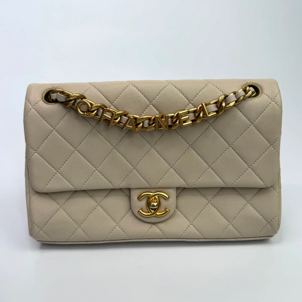 CHANEL MEDIUM QUILTED LAMBSKIN LOGO LETTERS TOUCH CHAIN FLAP BAG
