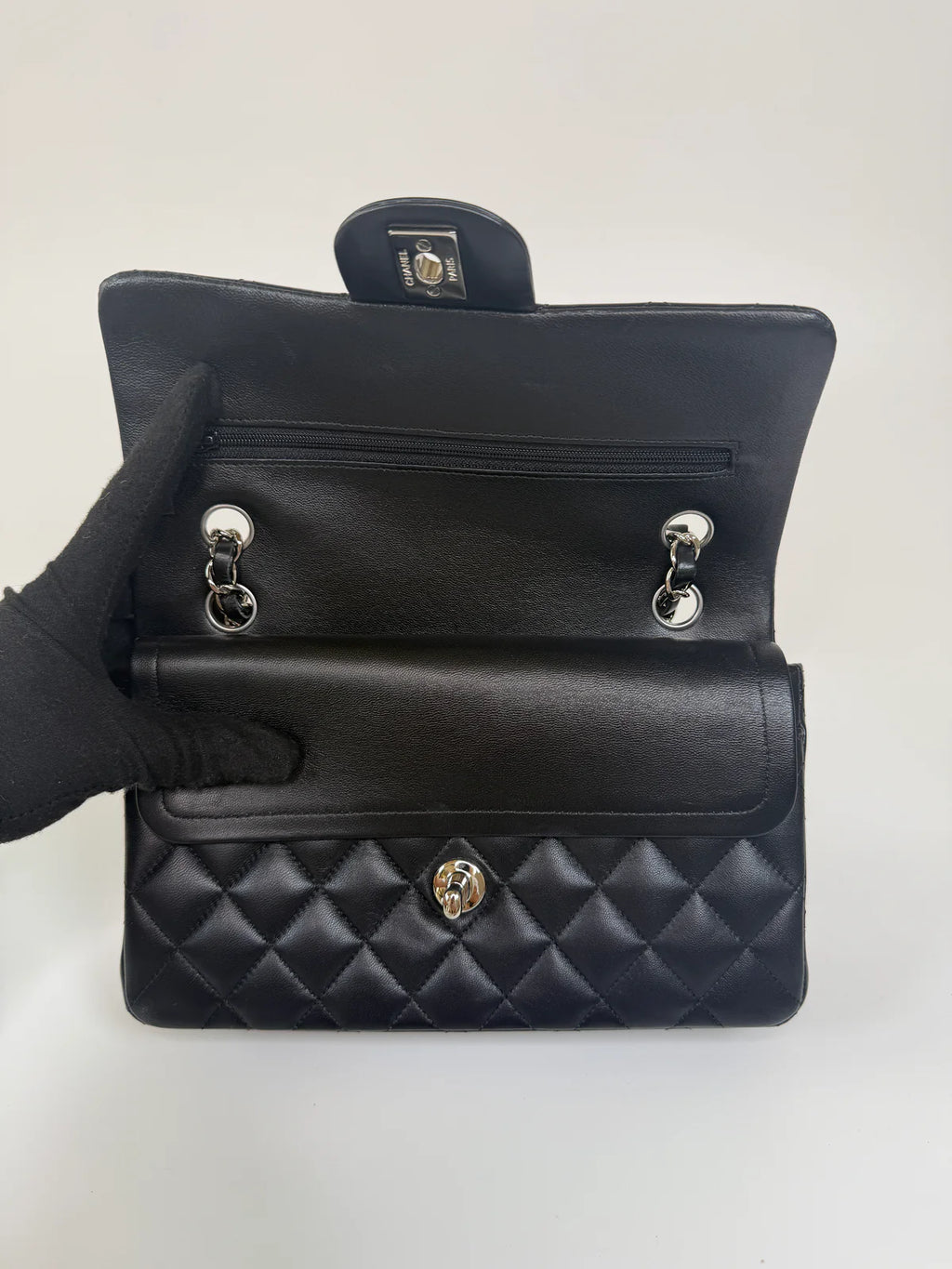 CHANEL SMALL CLASSIC DOUBLE FLAP IN BLACK LAMBSKIN LEATHER WITH SHW