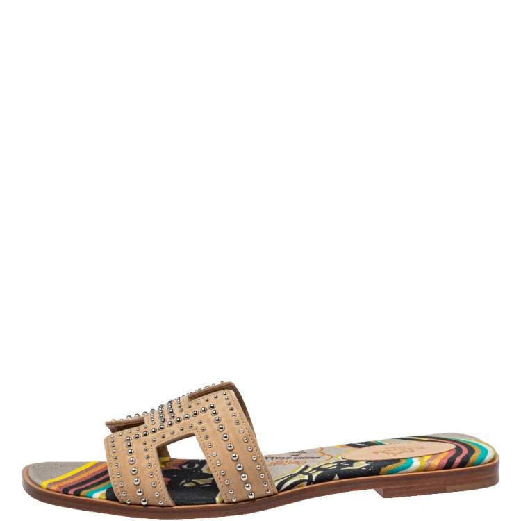 Hermes Beige Suede Studded Oran Flat Sandals Size 40