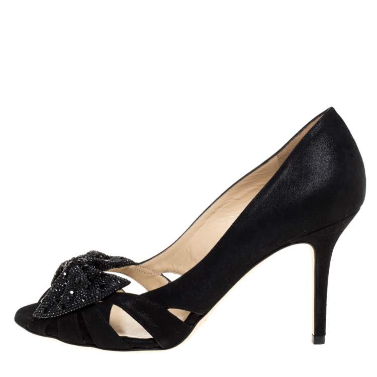 Jimmy Choo Black Suede Talva Crystal Embellished Bow Peep Toe Pumps Size 39