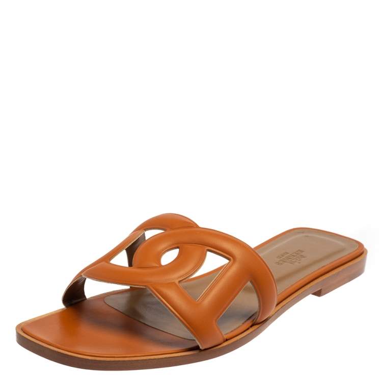 Hermes Tan Leather Omaha Flat Slides Size 38
