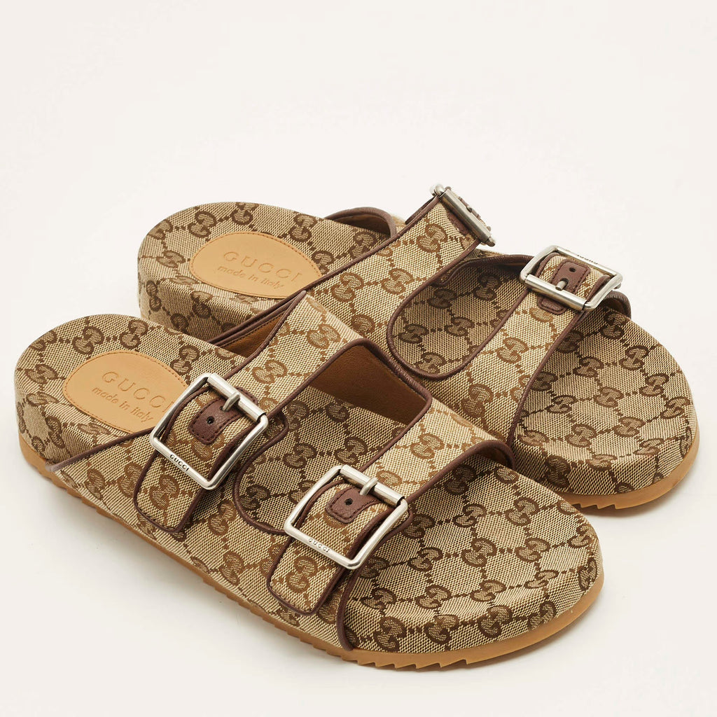 Gucci GG Size 44 Beige/Brown Canvas and Leather Double Buckle Slide Sandals