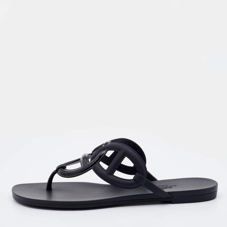 Hermes Black Rubber Chaine d'Ancre Thong Flat Slides Size 39