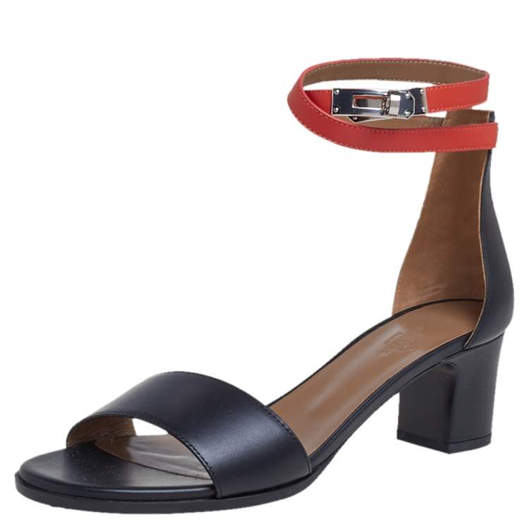 Hermes Black/Orange Leather Open Toe Ankle Strap Sandals Size 39