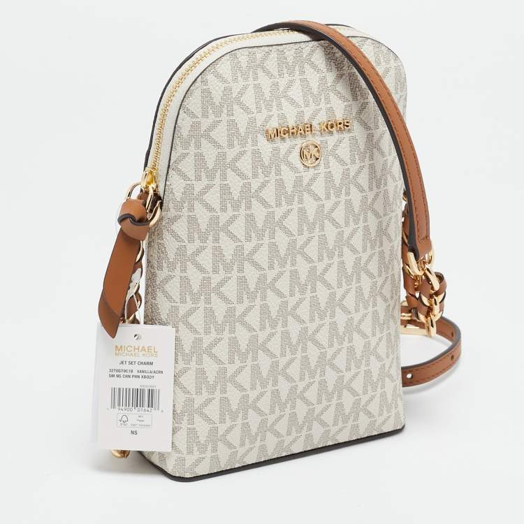 Michael Kors White Signature Coated Canvas and Leather Small Jet Set Charm NS Phone Crossbody Bag