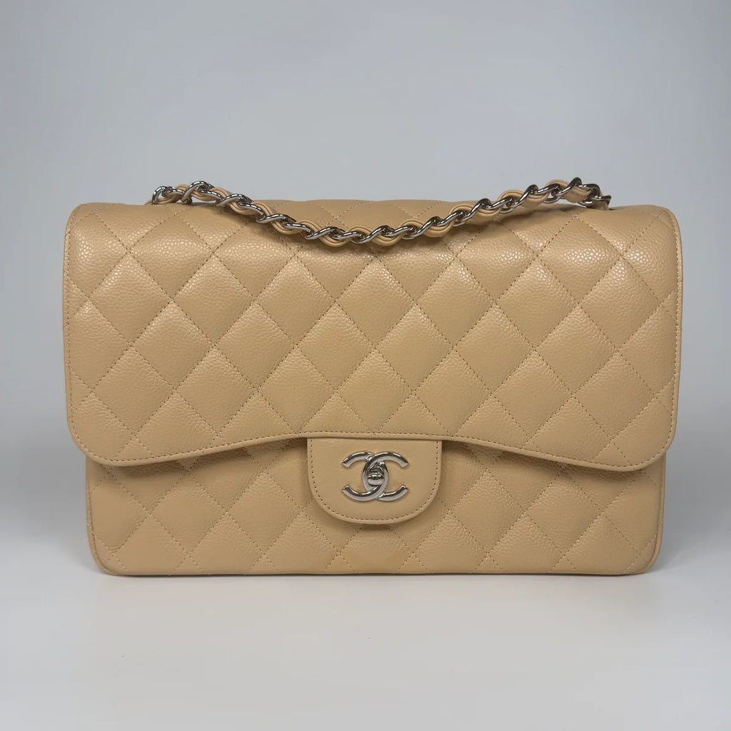 CHANEL JUMBO CLASSIC FLAP BAG IN BEIGE CAVIAR LEATHER WITH SHW