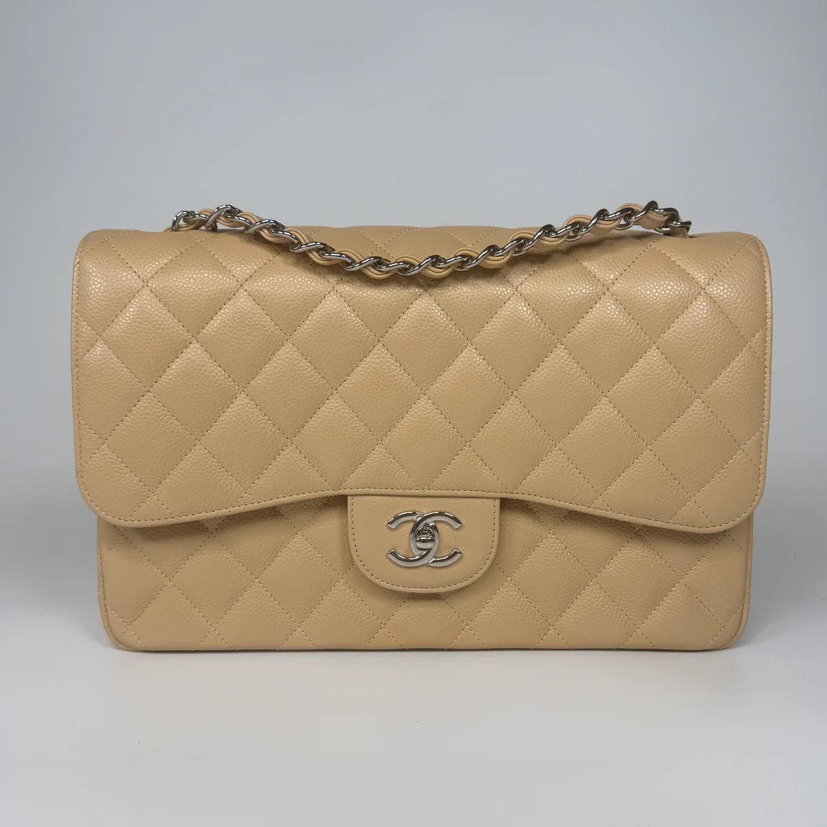 CHANEL JUMBO CLASSIC FLAP BAG IN BEIGE CAVIAR LEATHER WITH SHW