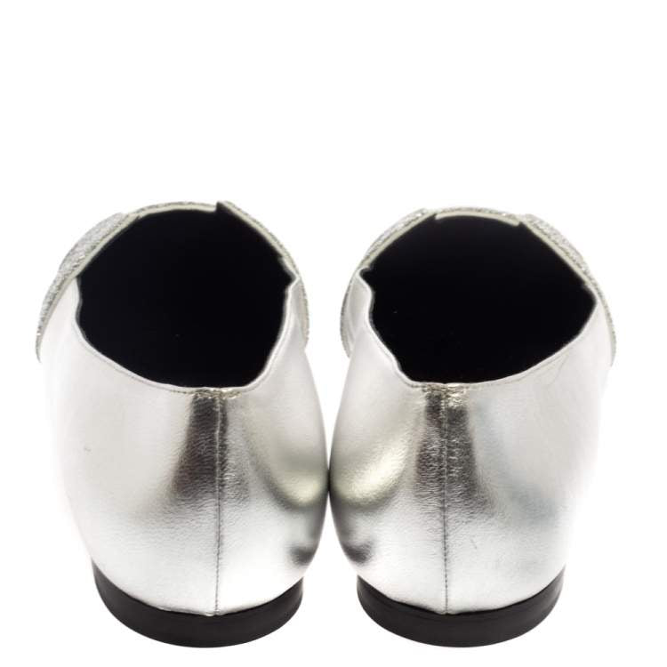 Hermes Metallic Silver Leather Nice Flats Size 40.5
