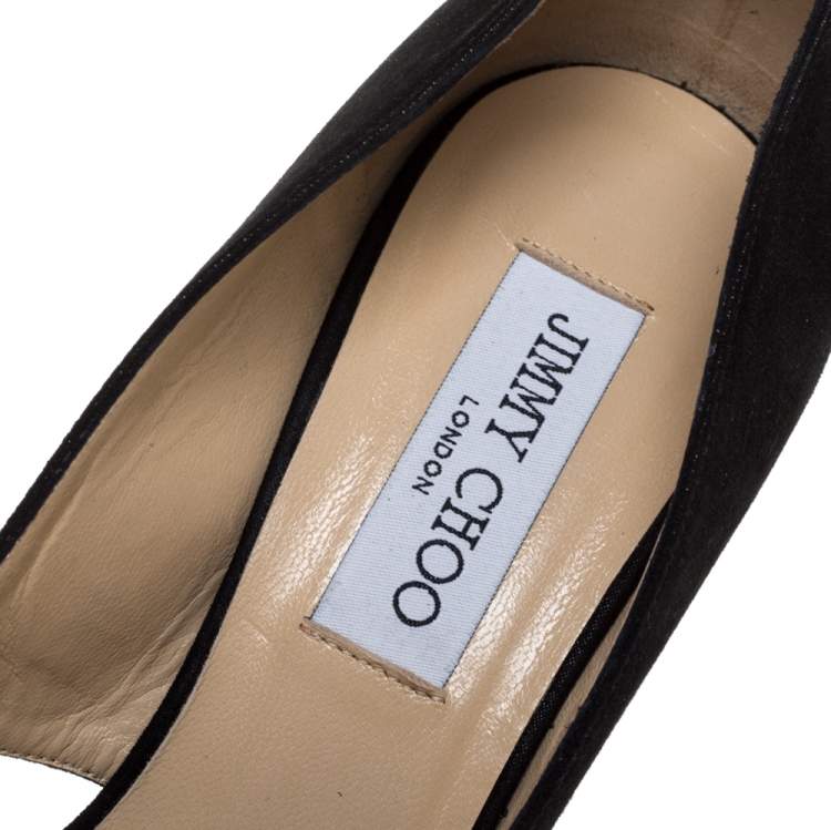 Jimmy Choo Black Suede Talva Crystal Embellished Bow Peep Toe Pumps Size 39