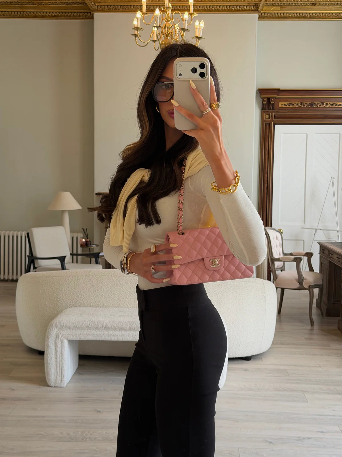 CHANEL SMALL CLASSIC DOUBLE FLAP IN PINK CAVIAR LEATHER WITH GHW