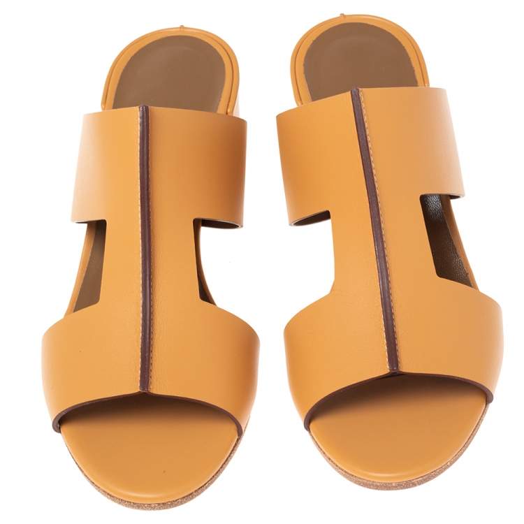 Hermes Tan Leather Ostia Slide Sandals Size 37.5