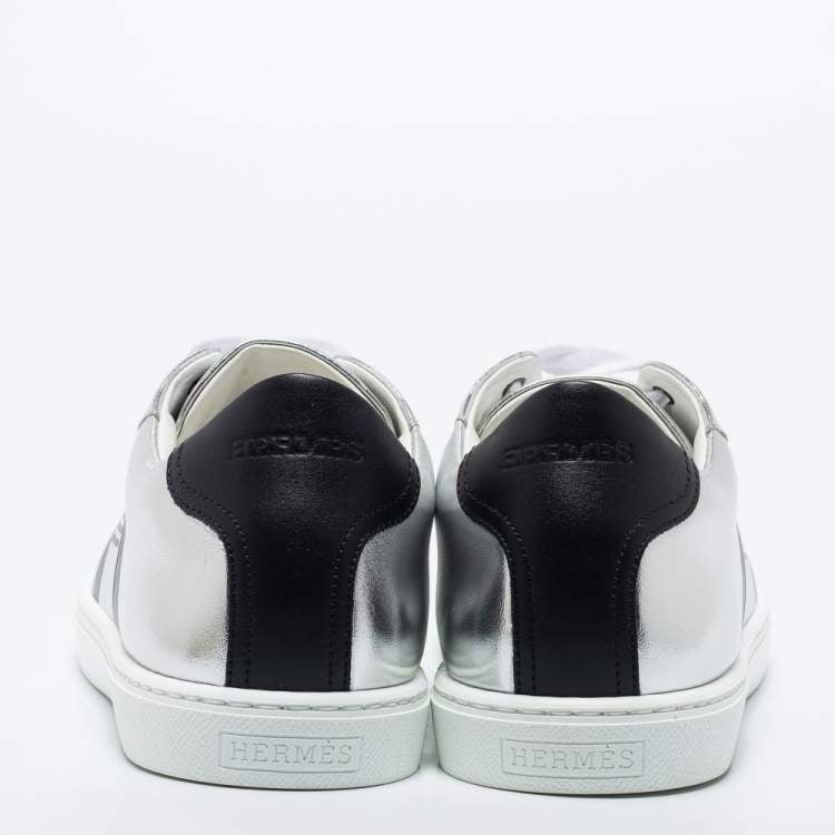 Hermes Silver Leather Avantage Low Top Sneakers Size 40