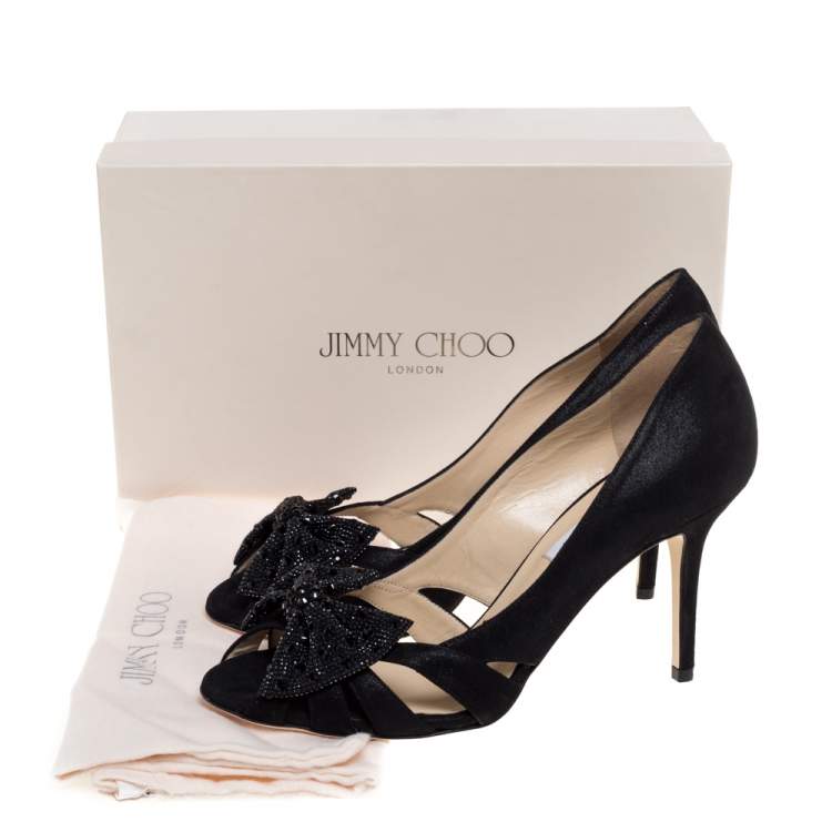 Jimmy Choo Black Suede Talva Crystal Embellished Bow Peep Toe Pumps Size 39