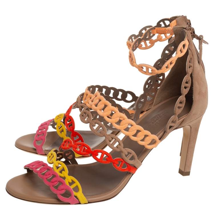 Hermes Multicolor Suede Chaîne d'Ancre Sandals Size 38.5