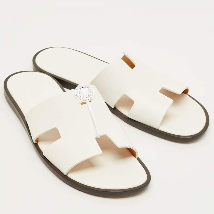 Hermès Izmir Size 44.5 White Leather Slide Sandals