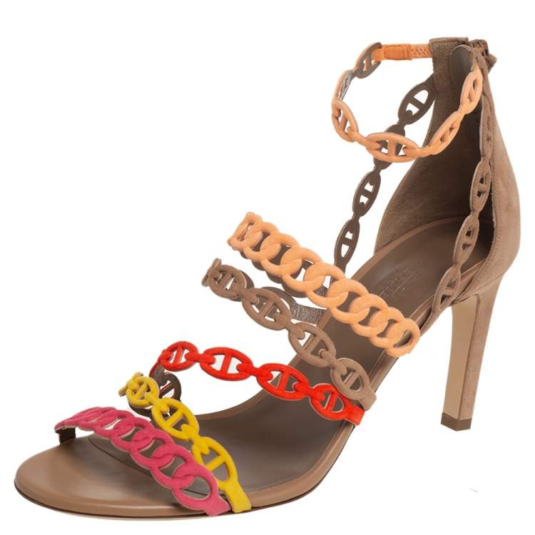 Hermes Multicolor Suede Chaîne d'Ancre Sandals Size 38.5