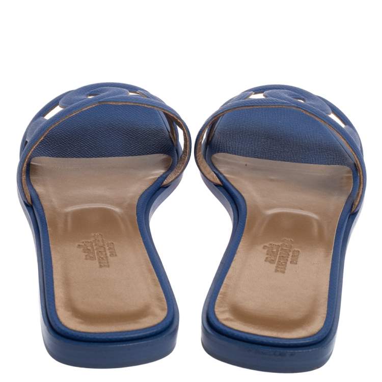 Hermes Blue Leather Omaha Sandals Size 37.5