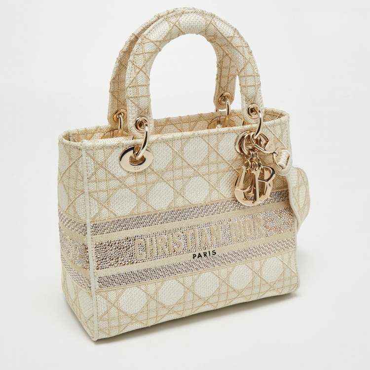 Dior Off White/Gold Embroidered Canvas Medium Lady D-Lite Tote