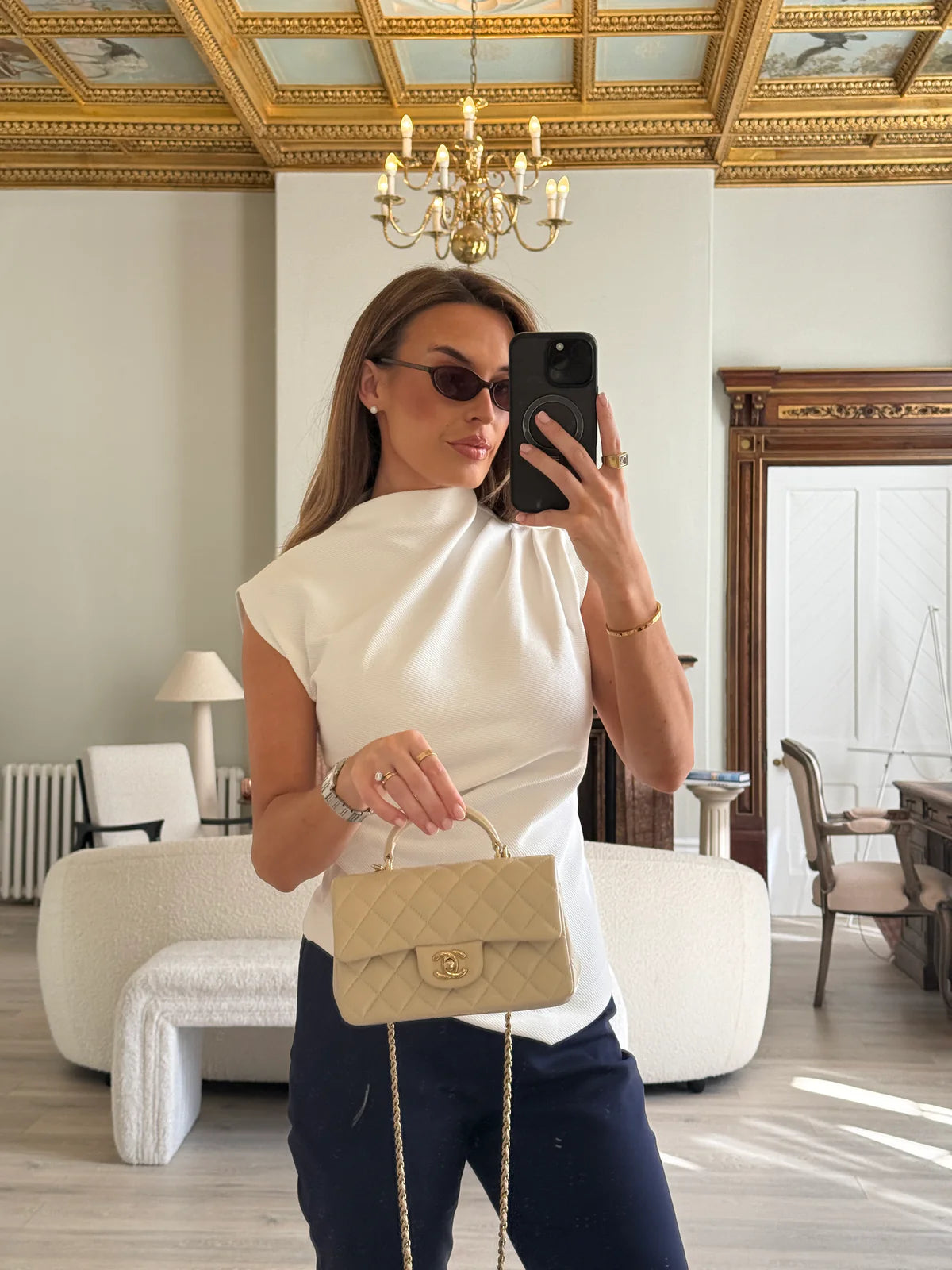 CHANEL MINI RECTANGLE TOP HANDLE IN ECRU LAMBSKIN LEATHER WITH GHW