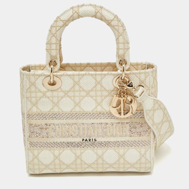 Dior Off White/Gold Embroidered Canvas Medium Lady D-Lite Tote