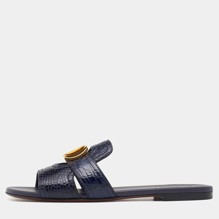 Dior Navy Blue Alligator Leather 30 Montaigne Flat Slides Size 38