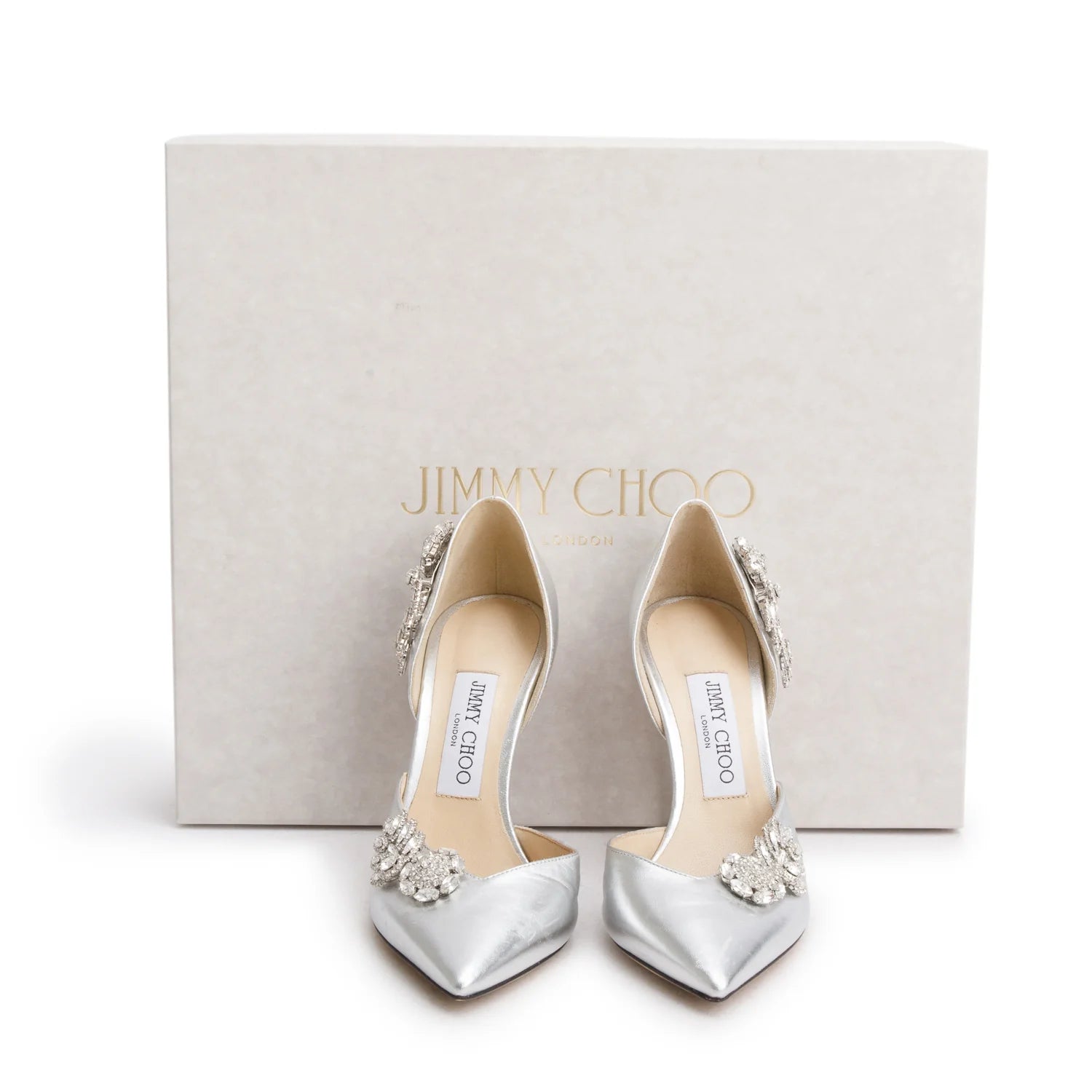 Jimmy Choo Silver Leather Teja D'orsay Crystal Wings Pumps, Women's Size 37