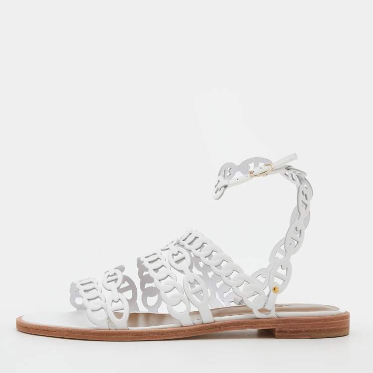 Hermes White Leather Kalliste Ankle Strap Flat Sandals Size 38