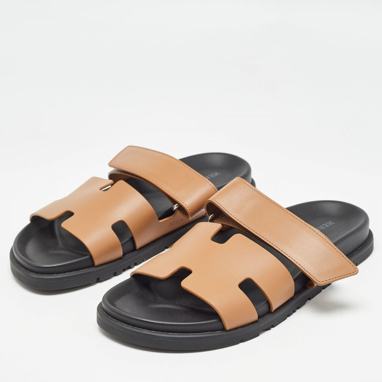 Hermes Brown Leather Chypre Flat Slides Size 39