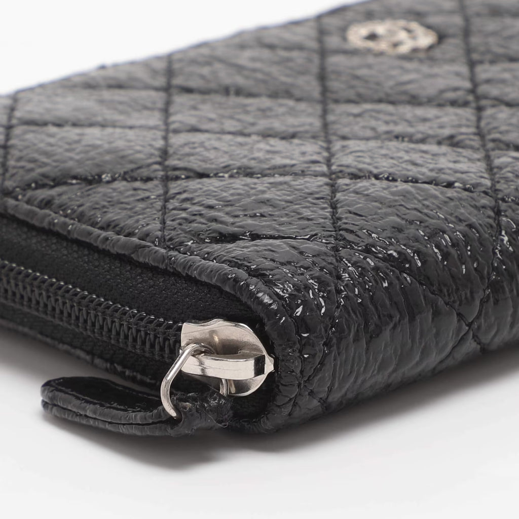 Chanel CC Black Quilted Coated Tweed Zip Around Wallet