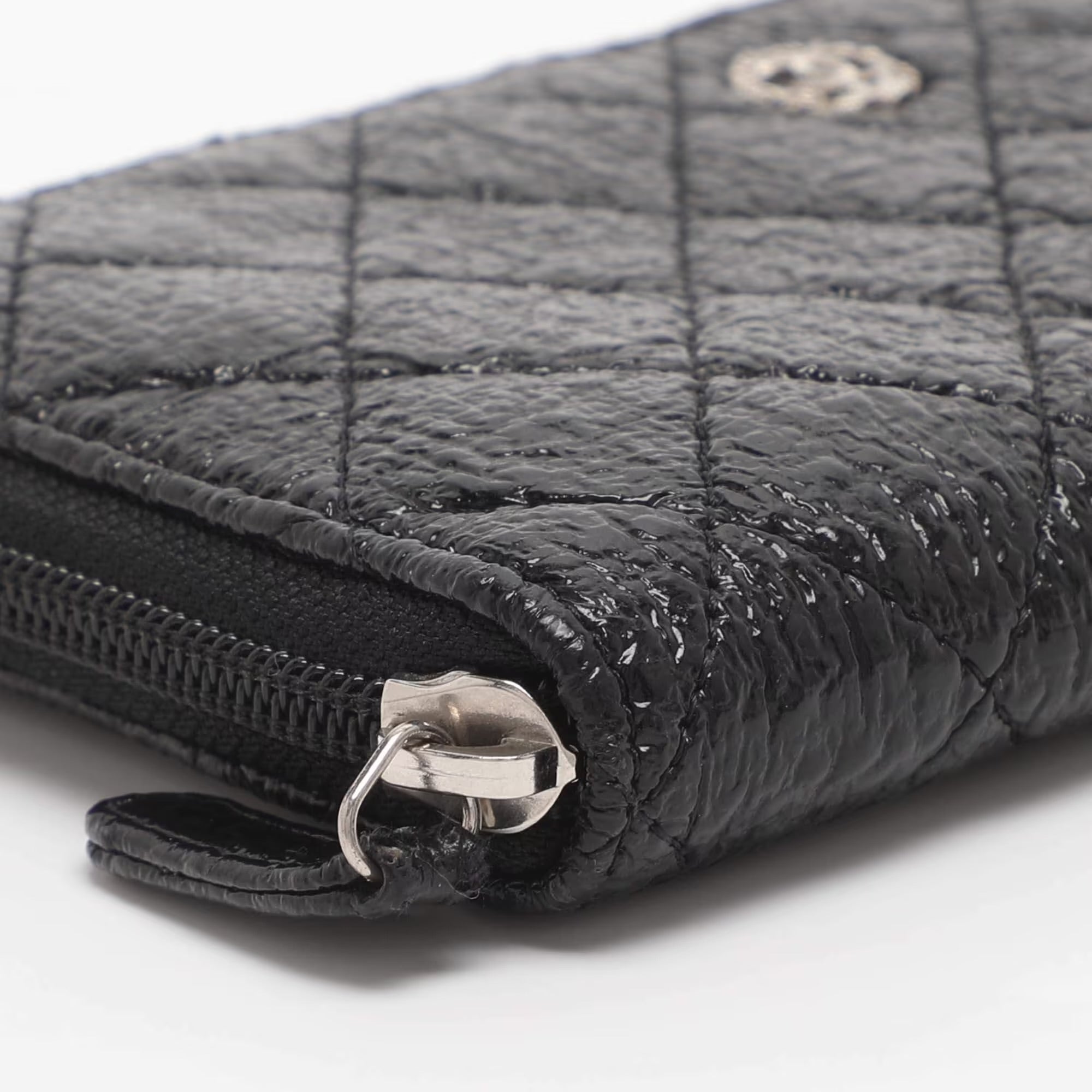 Chanel CC Black Quilted Coated Tweed Zip Around Wallet