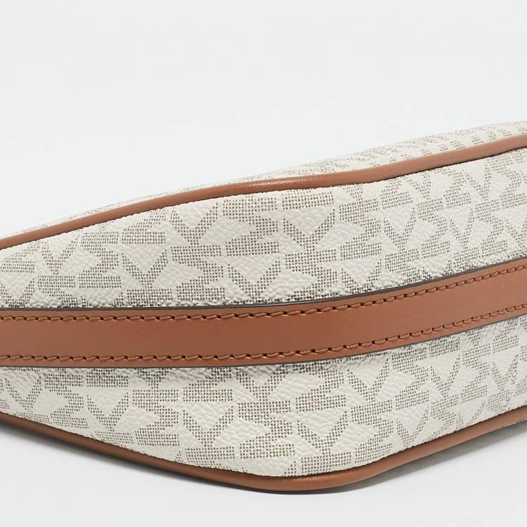 Michael Kors White/Brown Signature Coated Canvas and Leather Jet Set Charm Pochette Bag