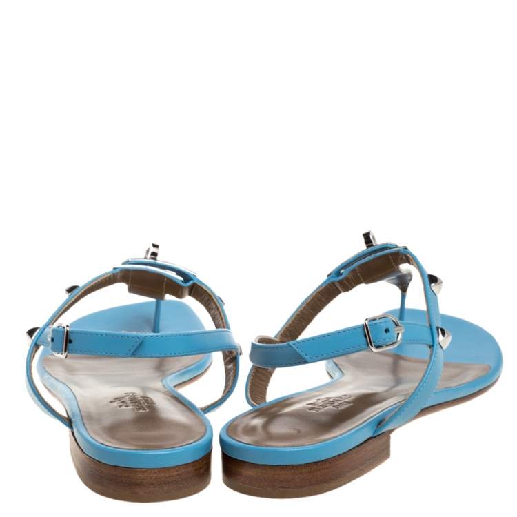 Hermes Blue Leather Olivia Ankle Strap Sandals Size 37.5