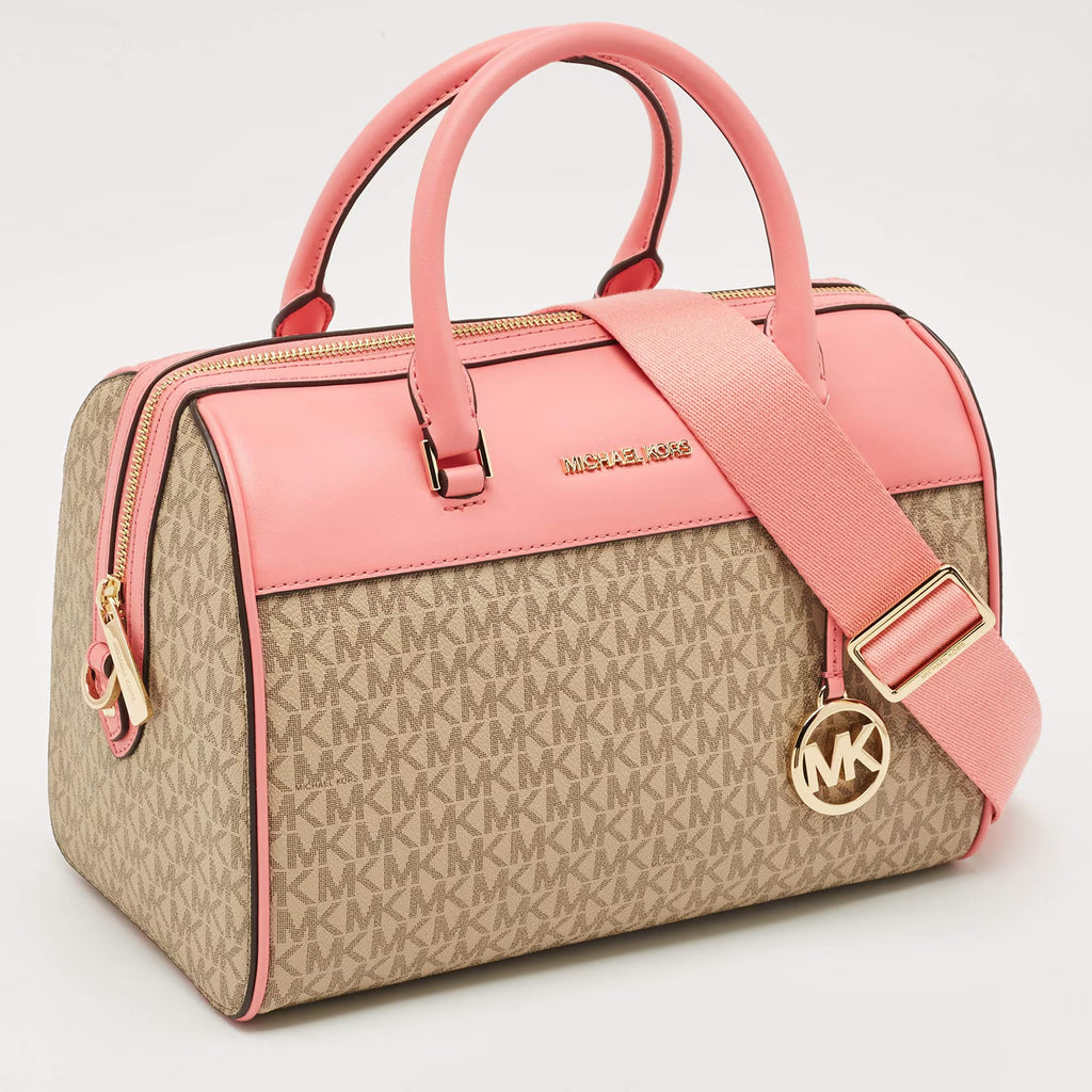 Michael Kors Tea Rose/Beige Signature Coated Canvas Medium Travel Duffle Bag