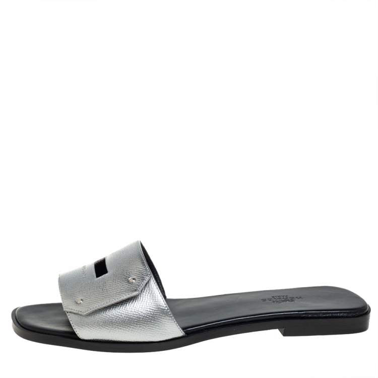 Hermes Silver Leather Flat Slides Size 38.5