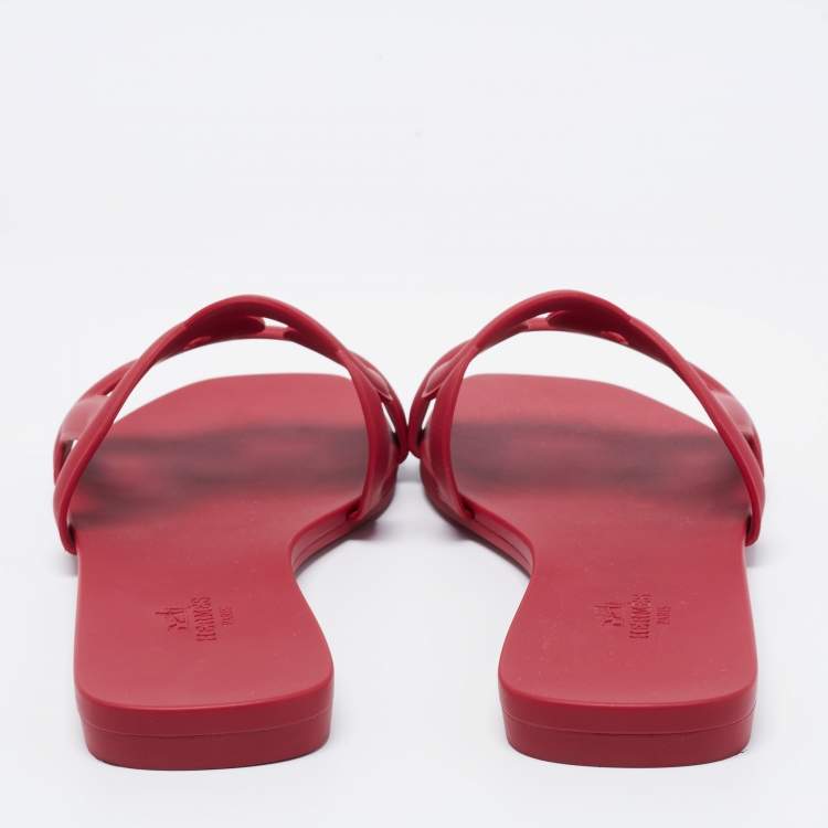 Hermes Burgundy Rubber Aloha Flat Slides Size 37