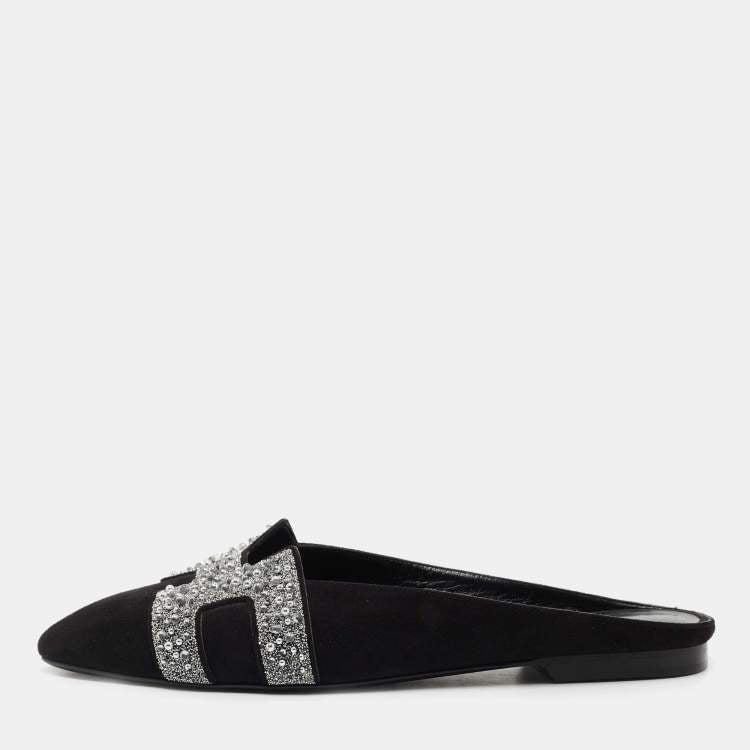 Hermes Black Suede Studded Roxane Mule Size 37