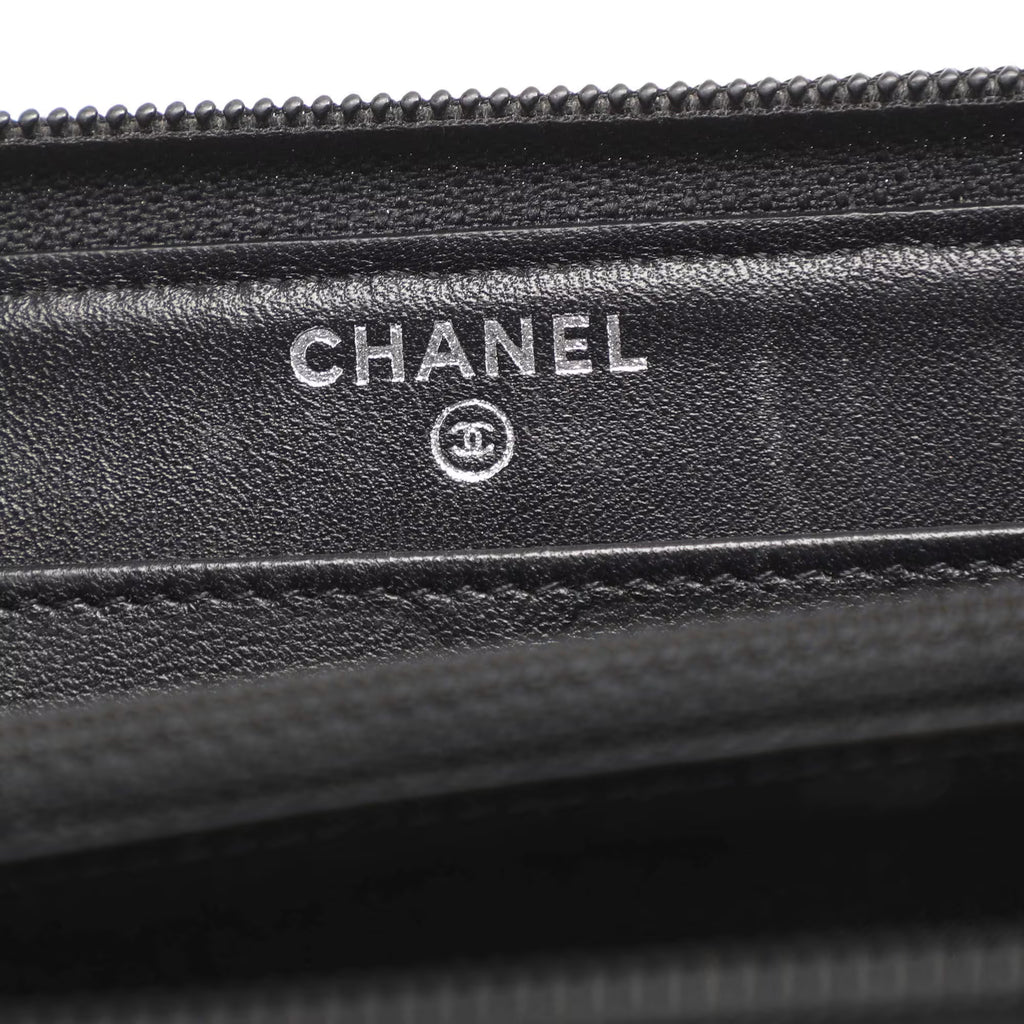 Chanel CC Black Quilted Coated Tweed Zip Around Wallet