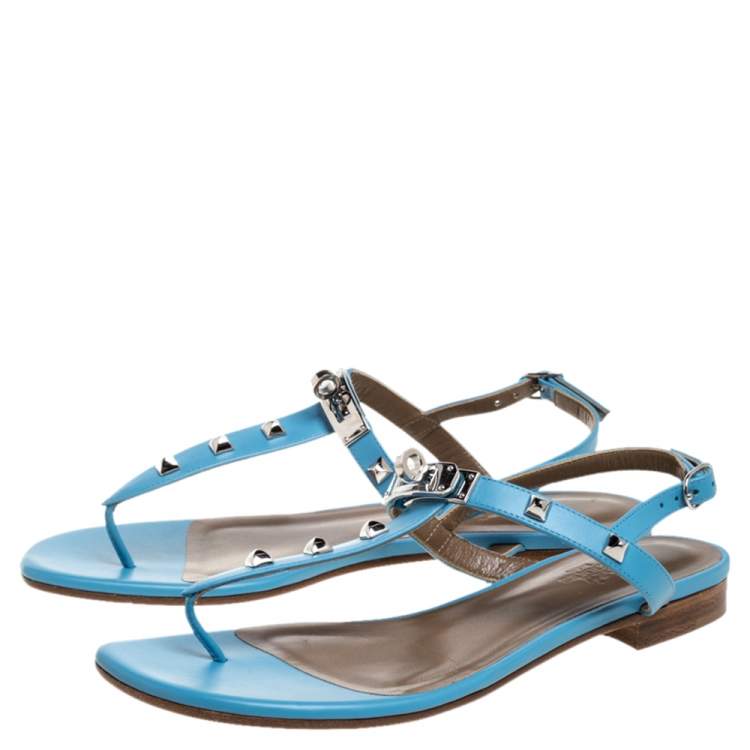Hermes Blue Leather Olivia Ankle Strap Sandals Size 37.5