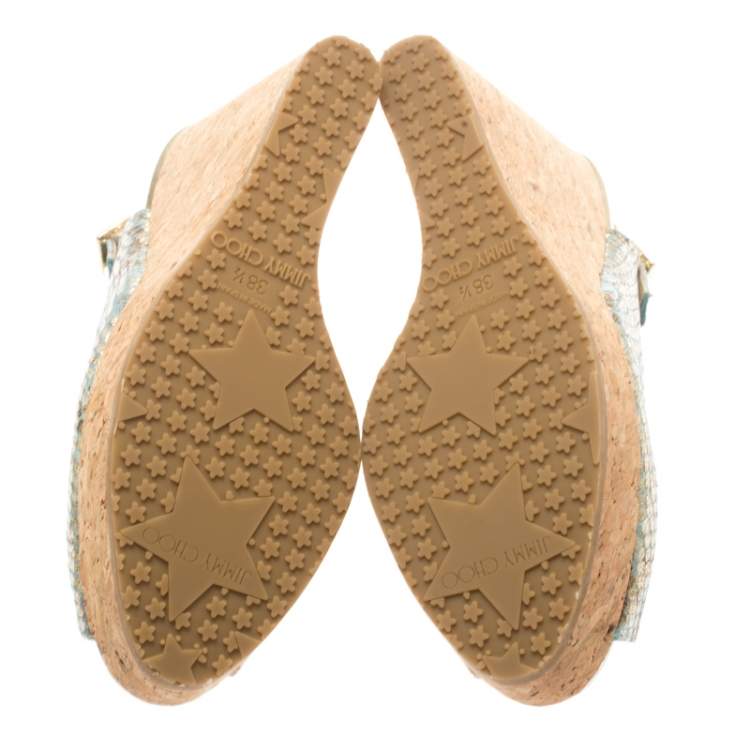 Jimmy Choo Metallic Tea Rose Mix Embossed Python Leather Prova Slingback Cork Wedge Sandals Size 38.5