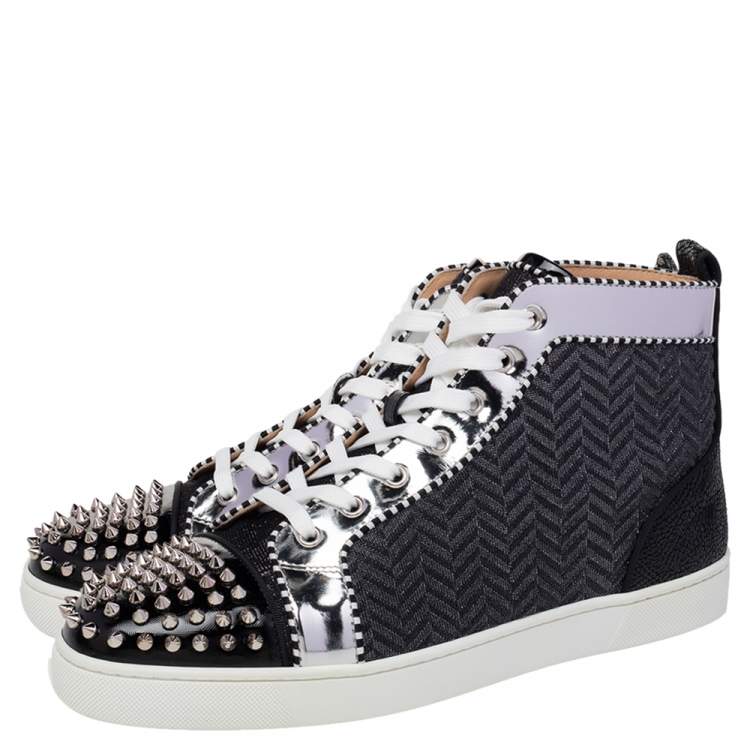 Christian Louboutin Black/Silver Leather And Woven Fabric Spikes Orlato Flat Sneakers Size 44.5