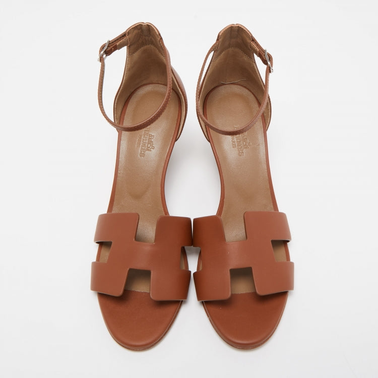 Hermes Brown Leather Legend Wedge Sandals Size 38.5
