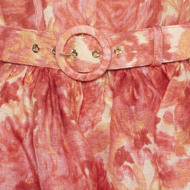 Zimmermann Pink Floral Printed Linen & Silk Belted Mini Dress XS