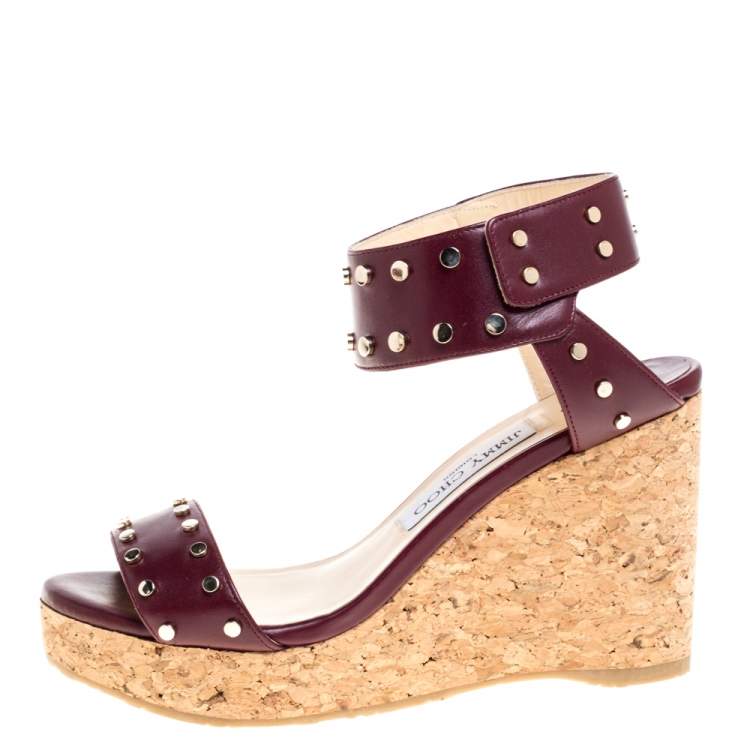 Jimmy Choo Maroon Studded Leather Veto Wedge Platform Sandals Size 38.5