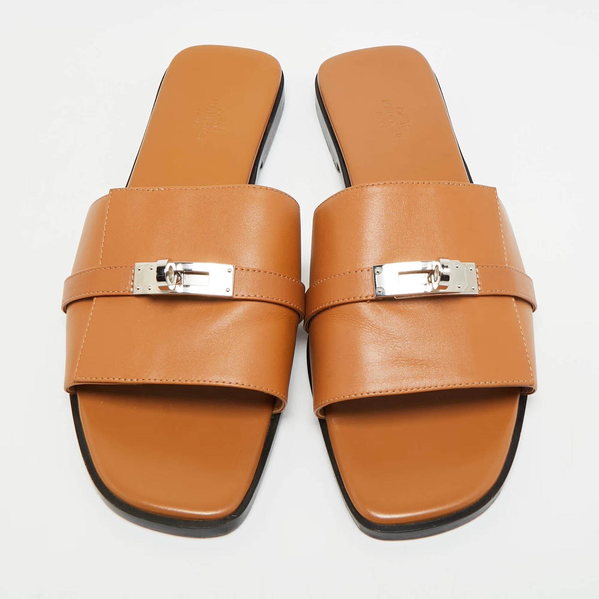 Hermes Giulia Size 42 Brown Leather Slide Flats