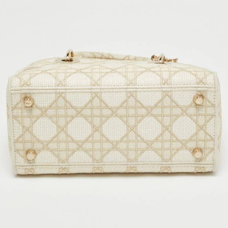 Dior Off White/Gold Embroidered Canvas Medium Lady D-Lite Tote