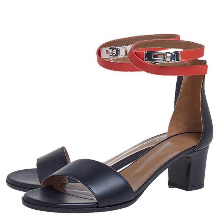 Hermes Black/Orange Leather Open Toe Ankle Strap Sandals Size 39