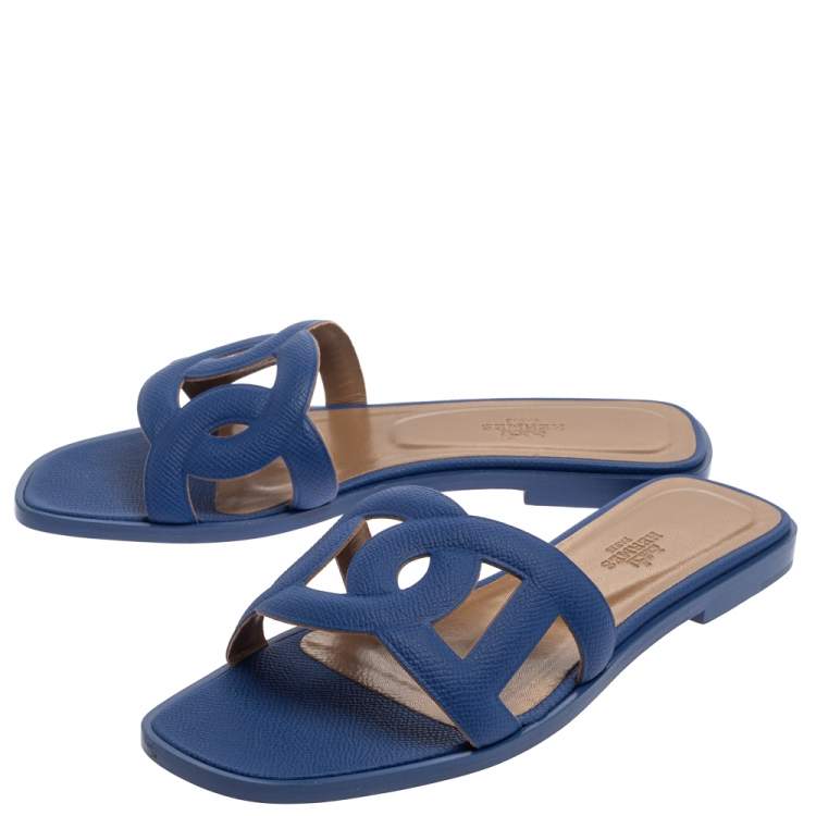 Hermes Blue Leather Omaha Sandals Size 37.5